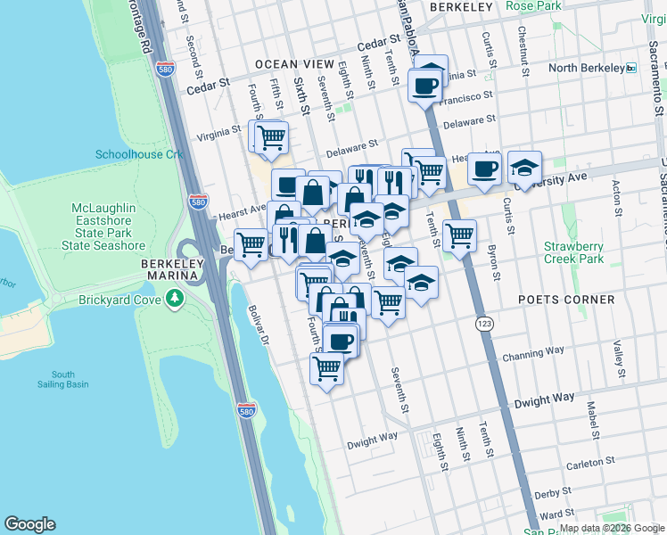map of restaurants, bars, coffee shops, grocery stores, and more near 2111 Fifth Street in Berkeley