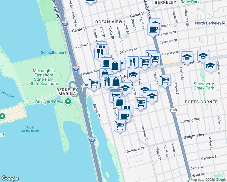 map of restaurants, bars, coffee shops, grocery stores, and more near 716 Addison Street in Berkeley