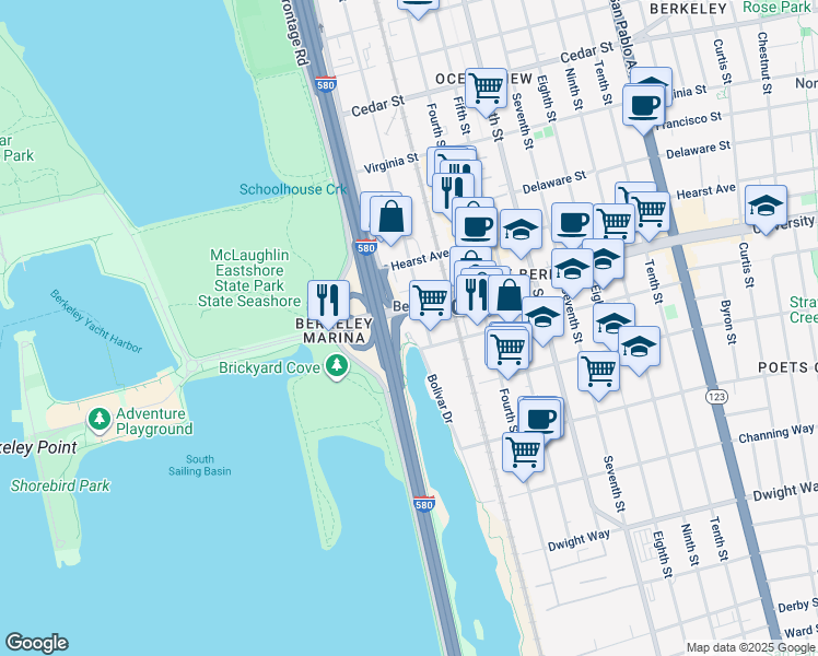 map of restaurants, bars, coffee shops, grocery stores, and more near 22 San Francisco Bay Trail in Berkeley