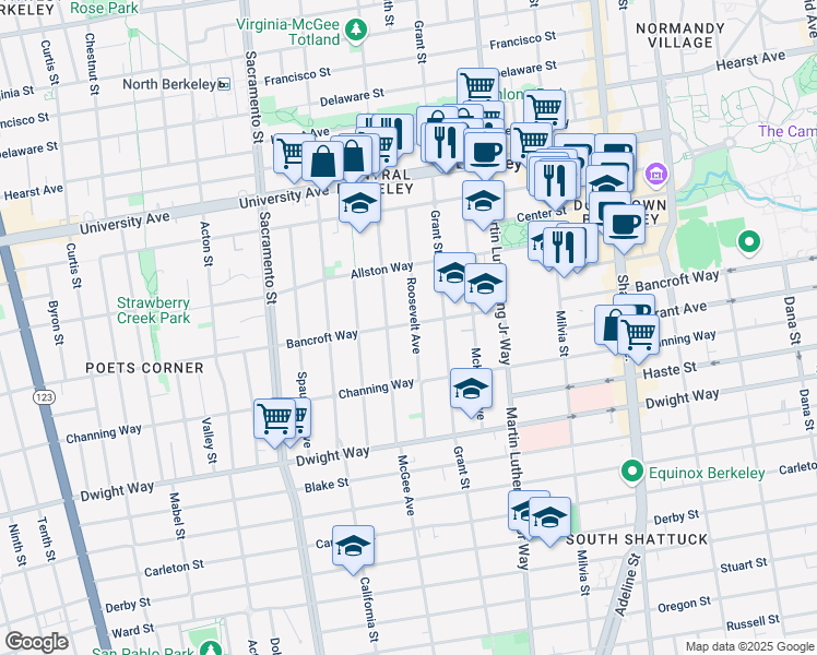 map of restaurants, bars, coffee shops, grocery stores, and more near 1718 Bancroft Way in Berkeley
