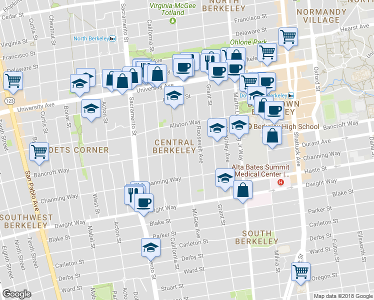 map of restaurants, bars, coffee shops, grocery stores, and more near 1699 Bancroft Way in Berkeley