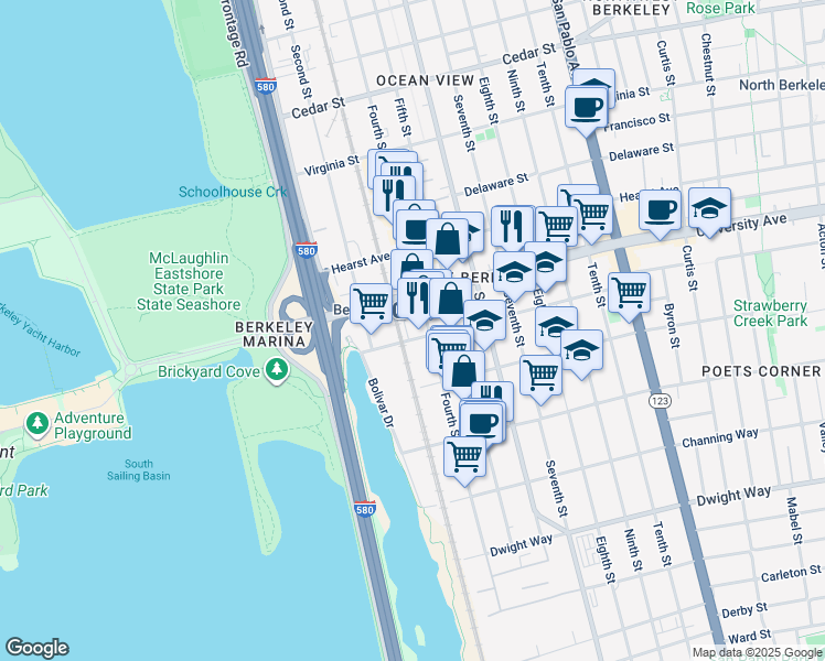 map of restaurants, bars, coffee shops, grocery stores, and more near 716 Addison Street in Berkeley