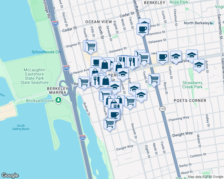 map of restaurants, bars, coffee shops, grocery stores, and more near 2111 Fifth Street in Berkeley