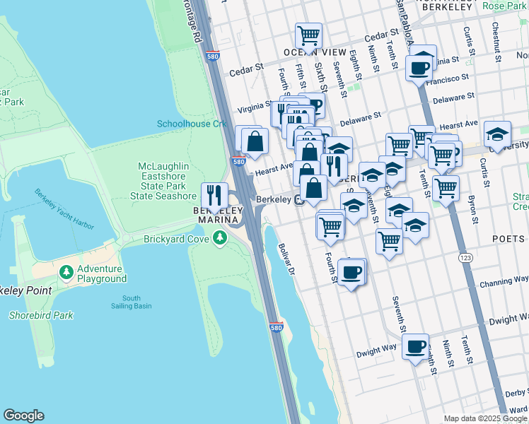 map of restaurants, bars, coffee shops, grocery stores, and more near 1 Bolivar Drive in Berkeley