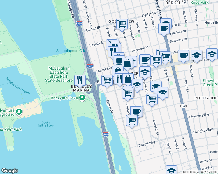 map of restaurants, bars, coffee shops, grocery stores, and more near 649 Addison Street in Berkeley