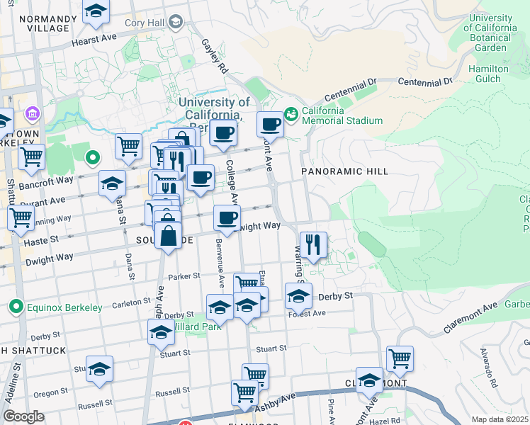 map of restaurants, bars, coffee shops, grocery stores, and more near 2732 Haste Street in Berkeley