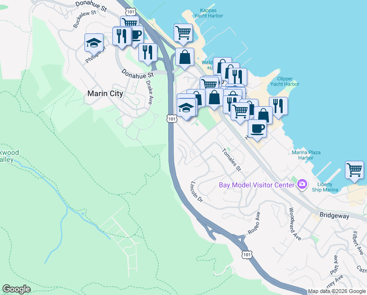 map of restaurants, bars, coffee shops, grocery stores, and more near 56 Anchorage Road in Sausalito