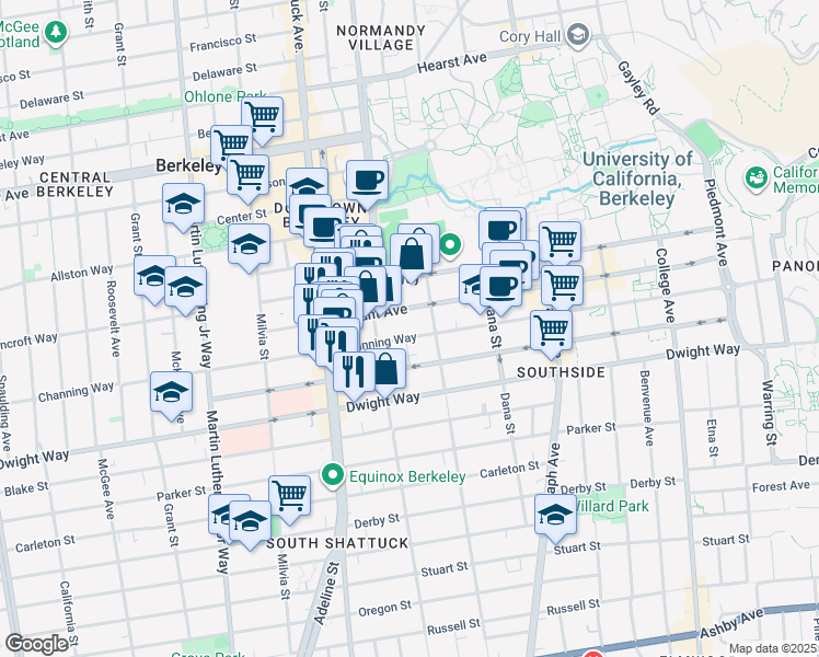 map of restaurants, bars, coffee shops, grocery stores, and more near 2210 Channing Way in Berkeley