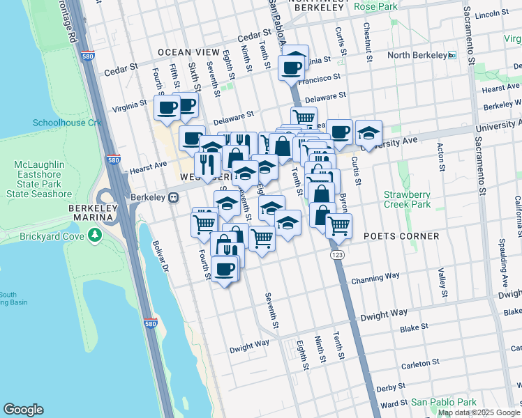 map of restaurants, bars, coffee shops, grocery stores, and more near 2124 Eighth Street in Berkeley