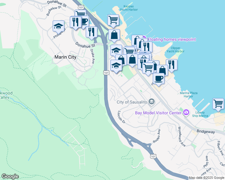 map of restaurants, bars, coffee shops, grocery stores, and more near 56 Anchorage Road in Sausalito