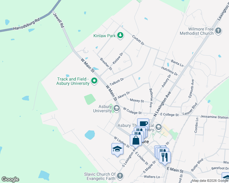 map of restaurants, bars, coffee shops, grocery stores, and more near 502 West Main Street in Wilmore
