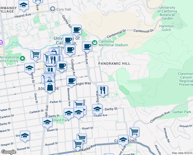 map of restaurants, bars, coffee shops, grocery stores, and more near 2437 Warring Street in Berkeley