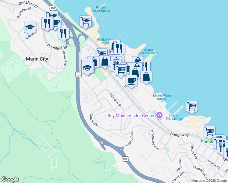 map of restaurants, bars, coffee shops, grocery stores, and more near 18 West Harbor Drive in Sausalito