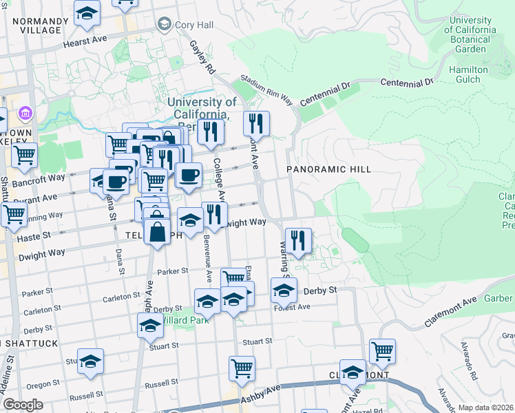 map of restaurants, bars, coffee shops, grocery stores, and more near 2430 Piedmont Avenue in Berkeley