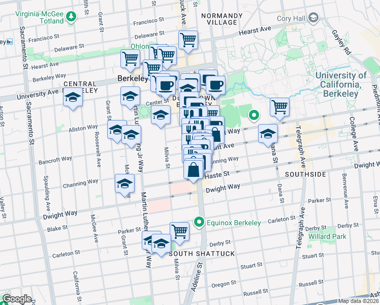 map of restaurants, bars, coffee shops, grocery stores, and more near 2378 Shattuck Avenue in Berkeley