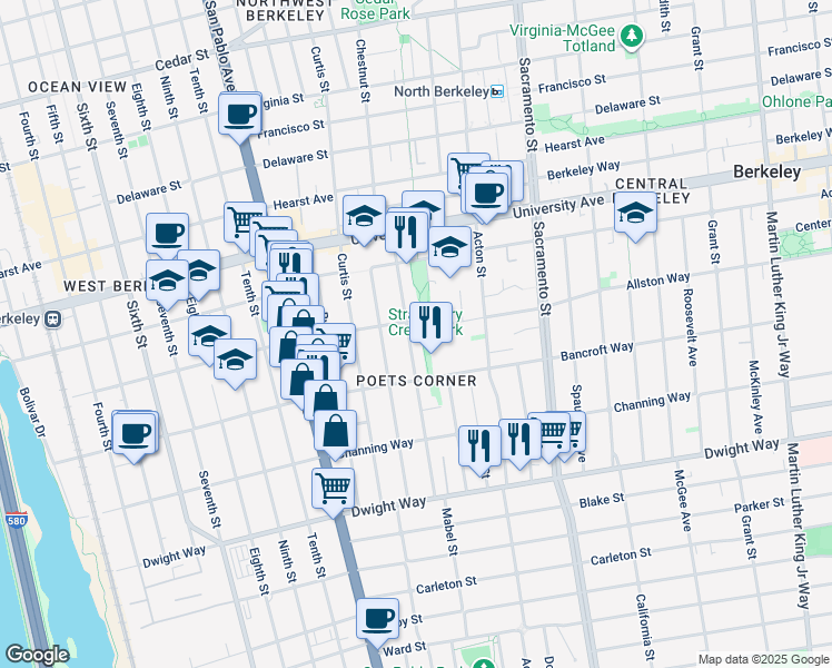 map of restaurants, bars, coffee shops, grocery stores, and more near 1307-1315 Bancroft Way in Berkeley