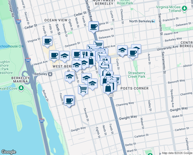 map of restaurants, bars, coffee shops, grocery stores, and more near 2135 Ninth Street in Berkeley