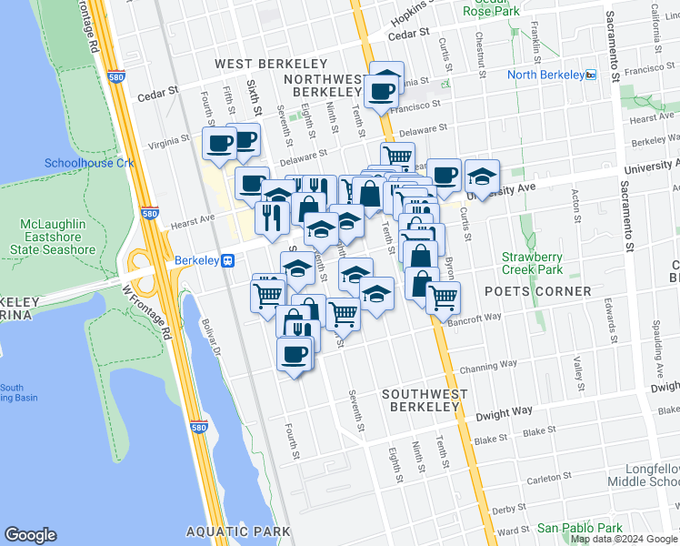 map of restaurants, bars, coffee shops, grocery stores, and more near 2124 Eighth Street in Berkeley