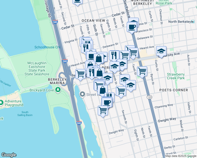 map of restaurants, bars, coffee shops, grocery stores, and more near 716 Addison Street in Berkeley