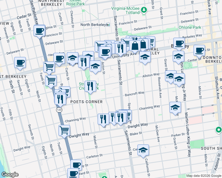 map of restaurants, bars, coffee shops, grocery stores, and more near 1416 Acroft Court in Berkeley