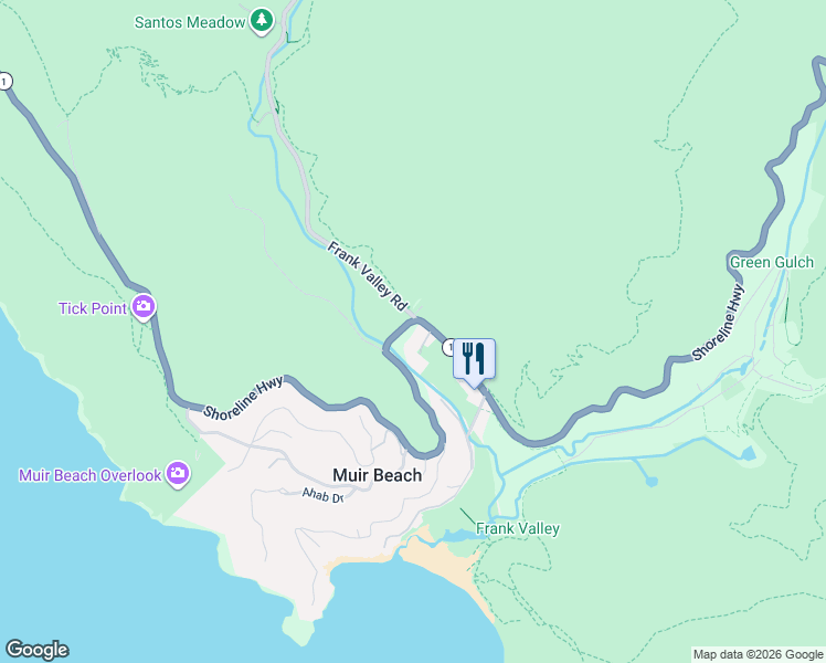 map of restaurants, bars, coffee shops, grocery stores, and more near 1795 Shoreline Highway in Muir Beach