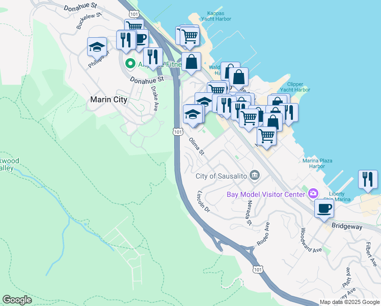 map of restaurants, bars, coffee shops, grocery stores, and more near 122 Lower Anchorage Road in Sausalito