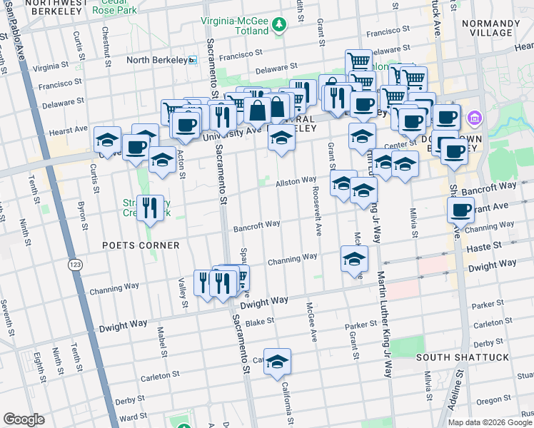 map of restaurants, bars, coffee shops, grocery stores, and more near 2235 California Street in Berkeley