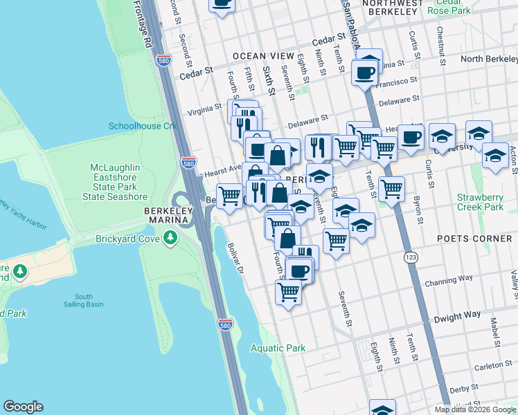 map of restaurants, bars, coffee shops, grocery stores, and more near 2020 Fourth Street in Berkeley