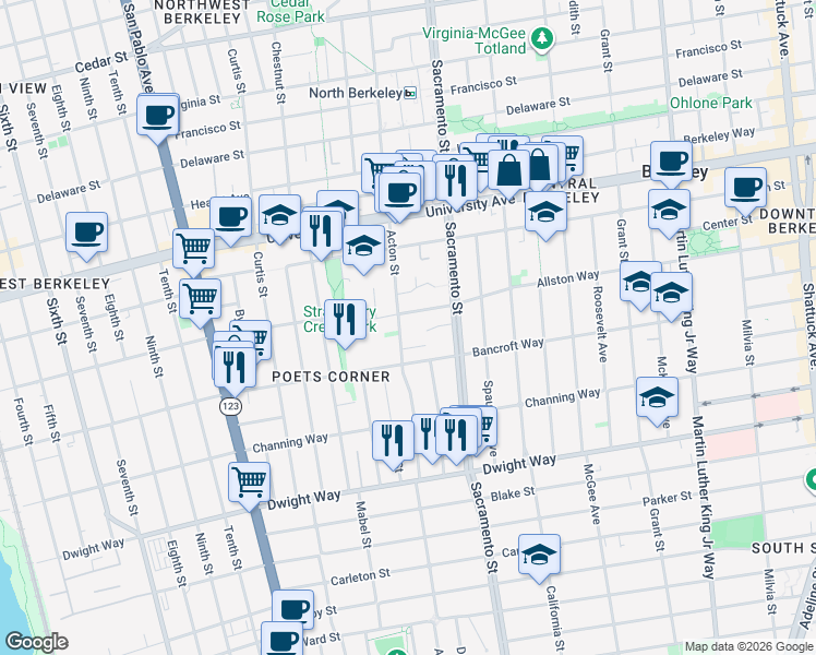 map of restaurants, bars, coffee shops, grocery stores, and more near 2211 Acton Street in Berkeley