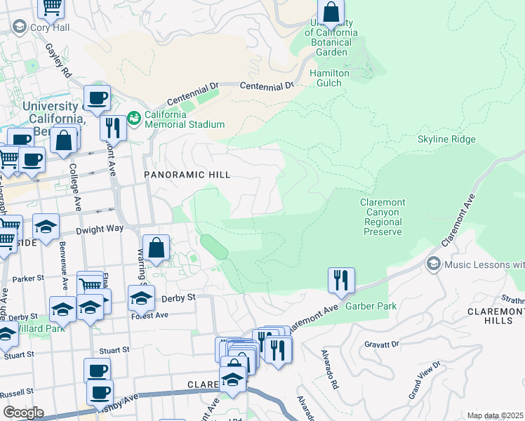 map of restaurants, bars, coffee shops, grocery stores, and more near 690 Panoramic Way in Berkeley