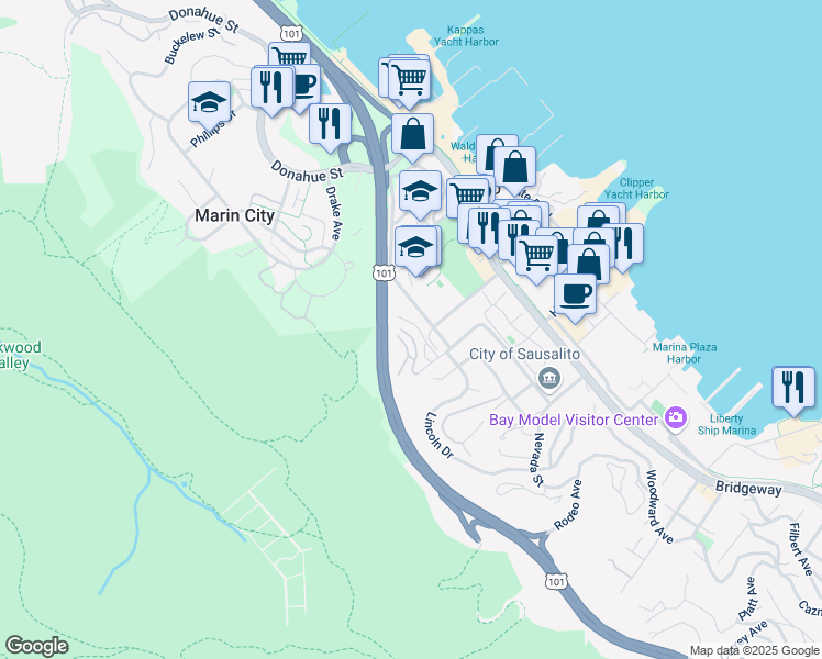 map of restaurants, bars, coffee shops, grocery stores, and more near 121 Lower Anchorage Road in Sausalito