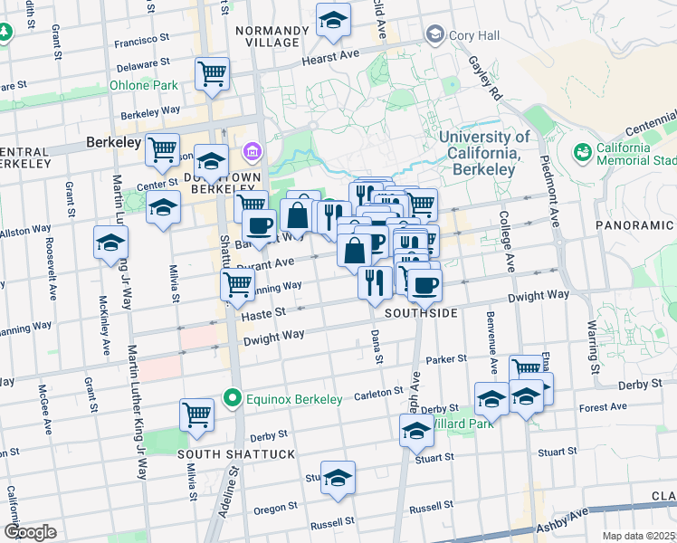 map of restaurants, bars, coffee shops, grocery stores, and more near 2328 Channing Way in Berkeley