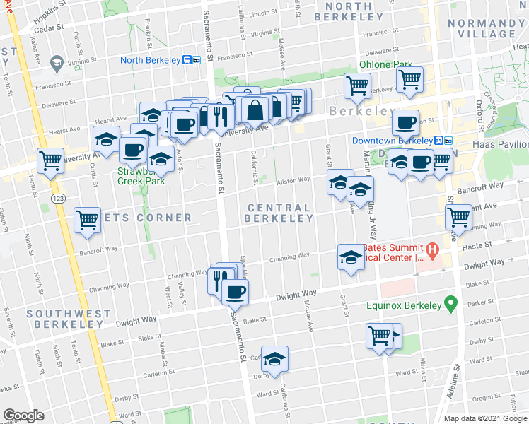 map of restaurants, bars, coffee shops, grocery stores, and more near 2304 Jefferson Avenue in Berkeley