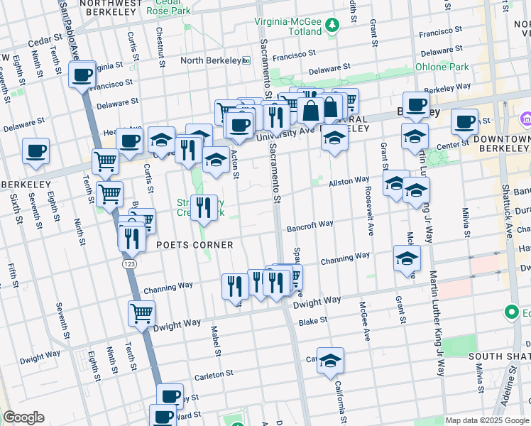 map of restaurants, bars, coffee shops, grocery stores, and more near 1416 Acroft Court in Berkeley