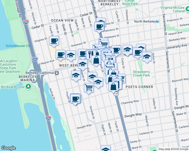 map of restaurants, bars, coffee shops, grocery stores, and more near 2135 Ninth Street in Berkeley