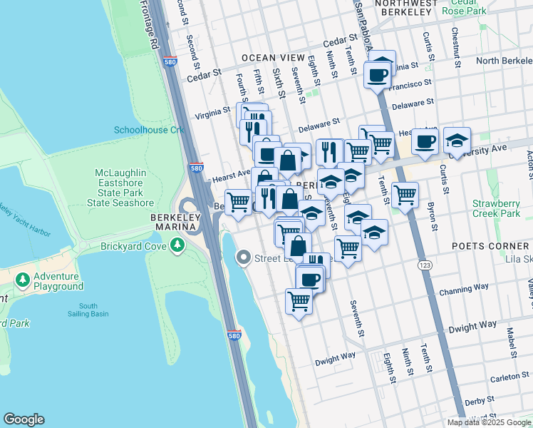 map of restaurants, bars, coffee shops, grocery stores, and more near 716 Addison Street in Berkeley