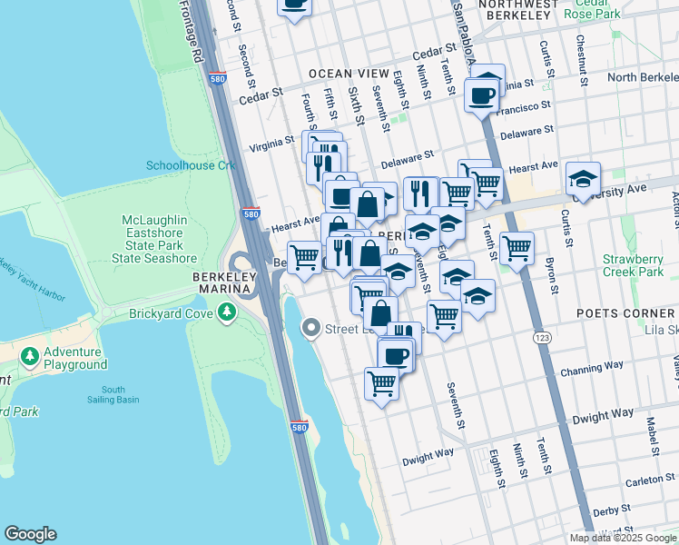 map of restaurants, bars, coffee shops, grocery stores, and more near 716 Addison Street in Berkeley