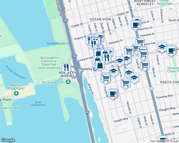 map of restaurants, bars, coffee shops, grocery stores, and more near 649 Addison Street in Berkeley