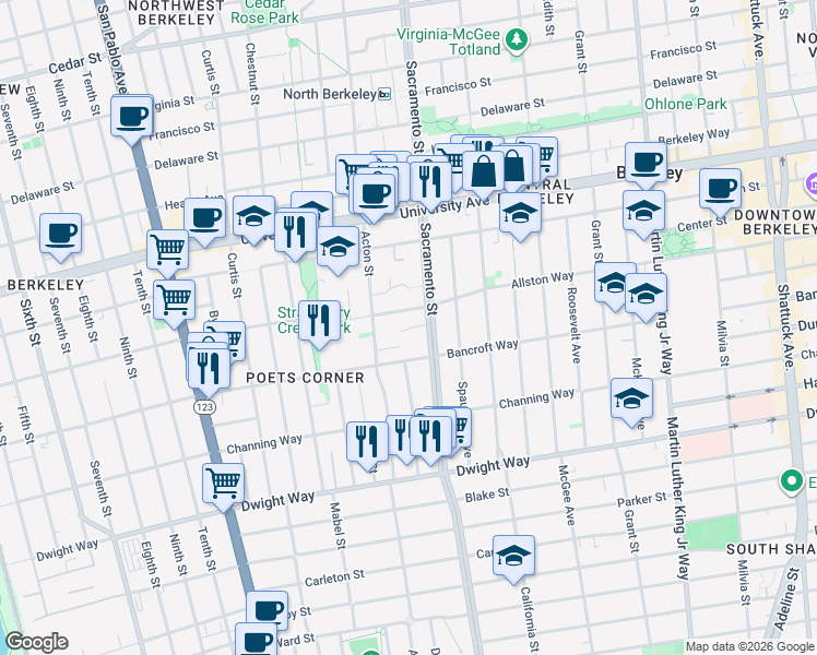 map of restaurants, bars, coffee shops, grocery stores, and more near 2210 Sacramento Street in Berkeley