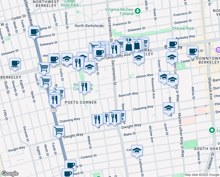 map of restaurants, bars, coffee shops, grocery stores, and more near 1416 Acroft Court in Berkeley