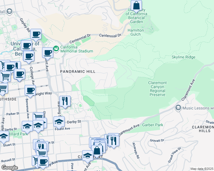 map of restaurants, bars, coffee shops, grocery stores, and more near 690 Panoramic Way in Berkeley