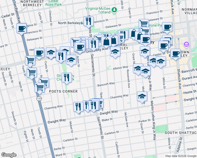 map of restaurants, bars, coffee shops, grocery stores, and more near 2153 Sacramento Street in Berkeley