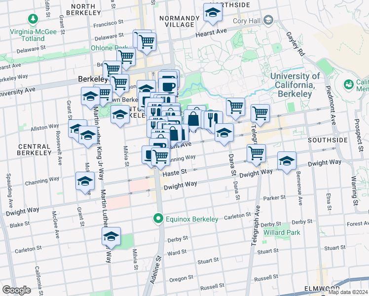map of restaurants, bars, coffee shops, grocery stores, and more near 2214 Durant Avenue in Berkeley