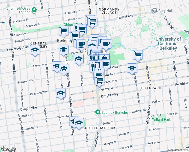 map of restaurants, bars, coffee shops, grocery stores, and more near 2350 Shattuck Avenue in Berkeley