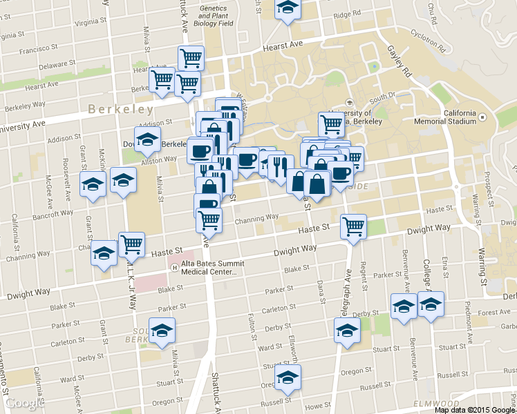map of restaurants, bars, coffee shops, grocery stores, and more near 2301 Ellsworth Street in Berkeley