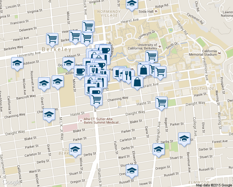 map of restaurants, bars, coffee shops, grocery stores, and more near 2214 Bancroft Way in Berkeley