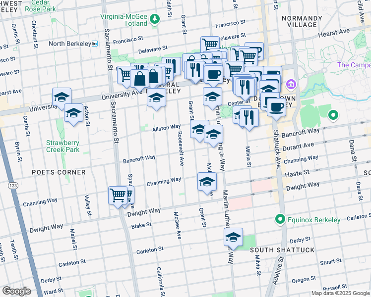 map of restaurants, bars, coffee shops, grocery stores, and more near 2227 Roosevelt Avenue in Berkeley