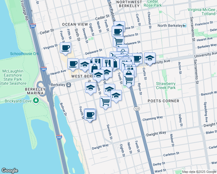 map of restaurants, bars, coffee shops, grocery stores, and more near 2023 Eighth Street in Berkeley