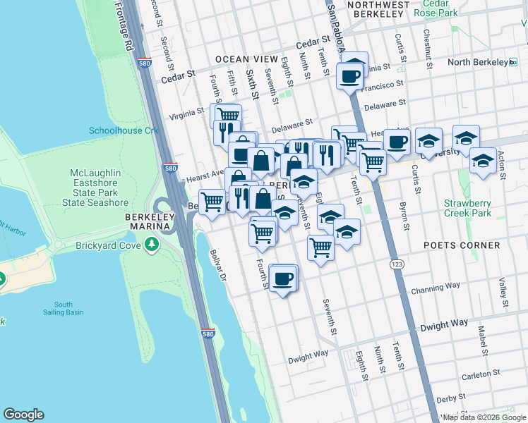 map of restaurants, bars, coffee shops, grocery stores, and more near 2014 Sixth Street in Berkeley