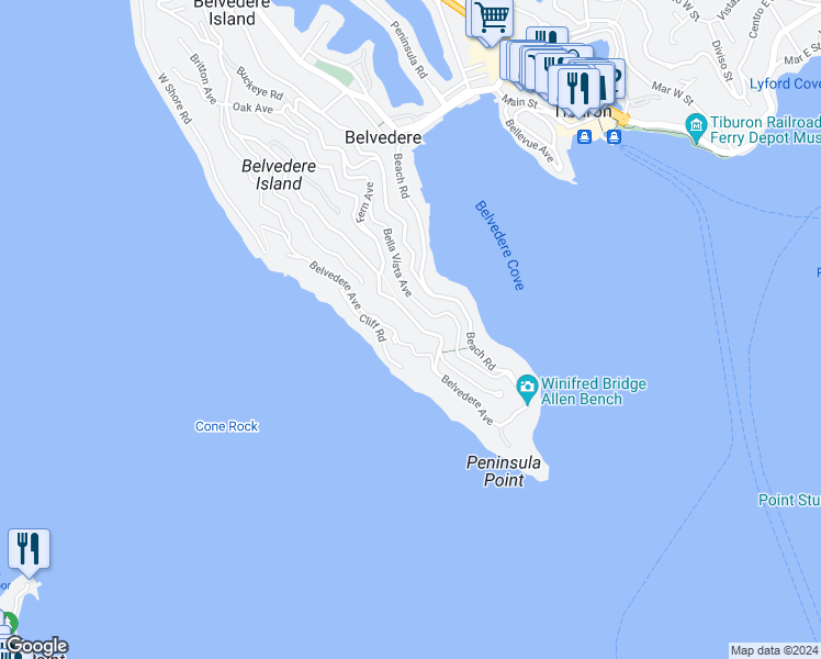 map of restaurants, bars, coffee shops, grocery stores, and more near 339 Golden Gate Avenue in Belvedere Tiburon